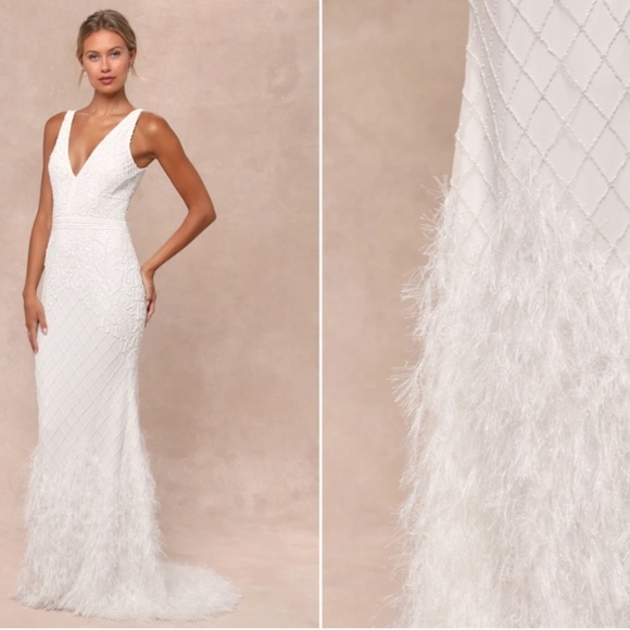 LULUS Bridal Wedding Elegant Sophisticated STUNNING Beaded Sequin Feathers Gown - Picture 3 of 6